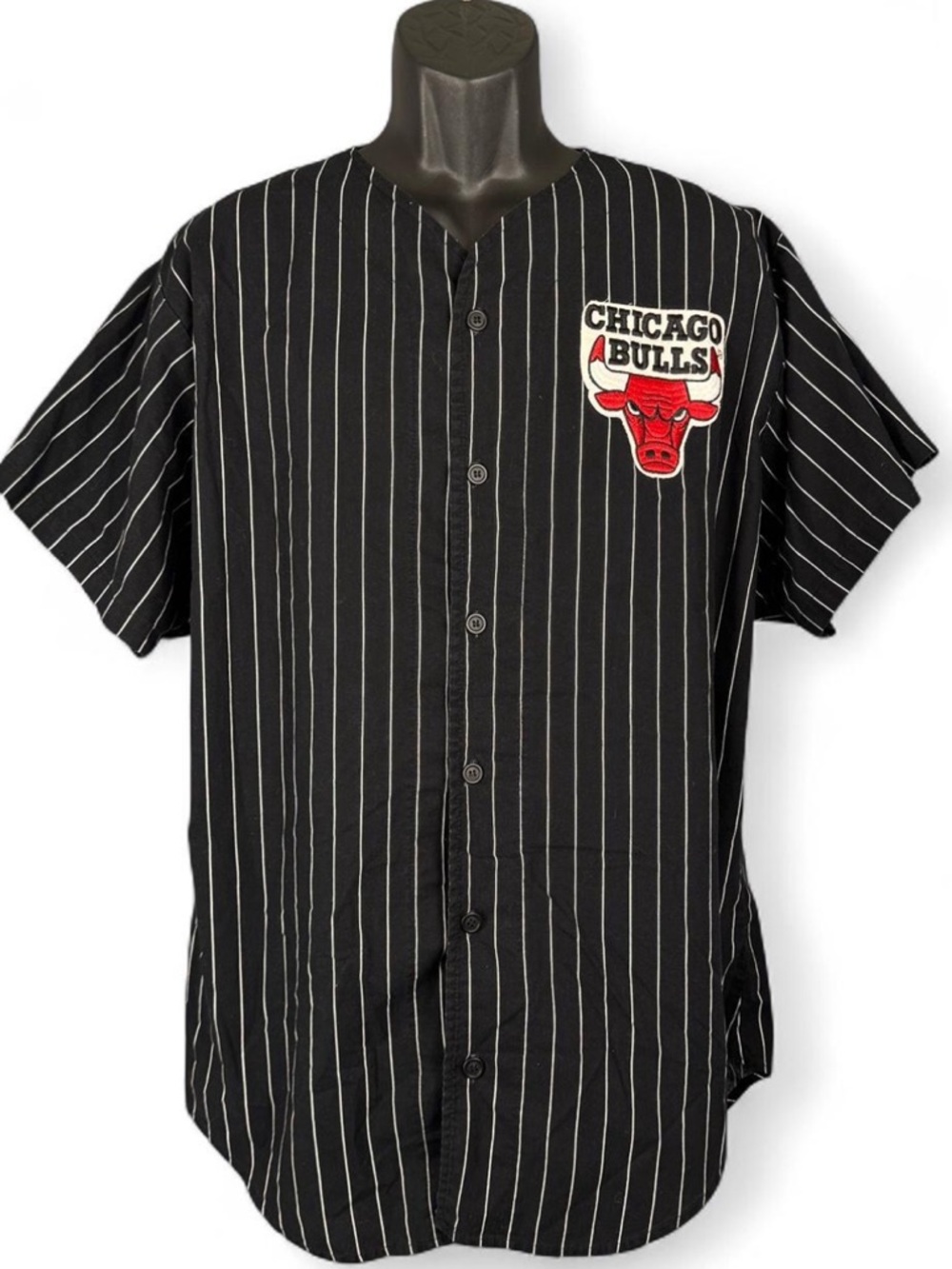 Chicago Bulls 90s Vtg black pinstripe 2-sided embroidered baseball jersey XL